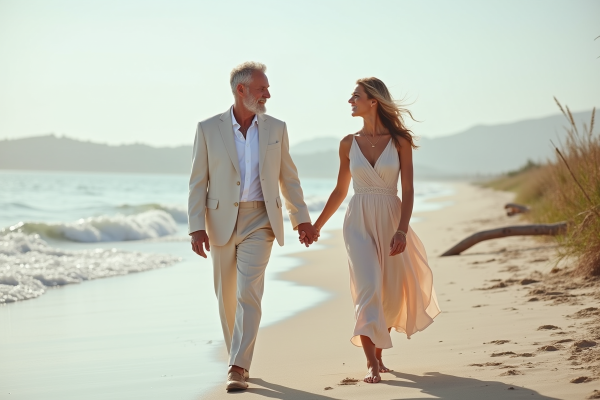Couple élégant main dans la main sur la plage