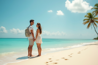 Jeune couple à la plage tropicale en voyage
