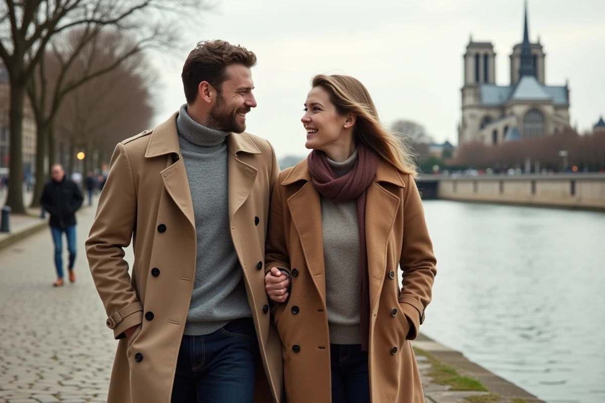 Couple élégant se promenant sur les quais de Seine à Paris en automne, atmosphère romantique et naturelle