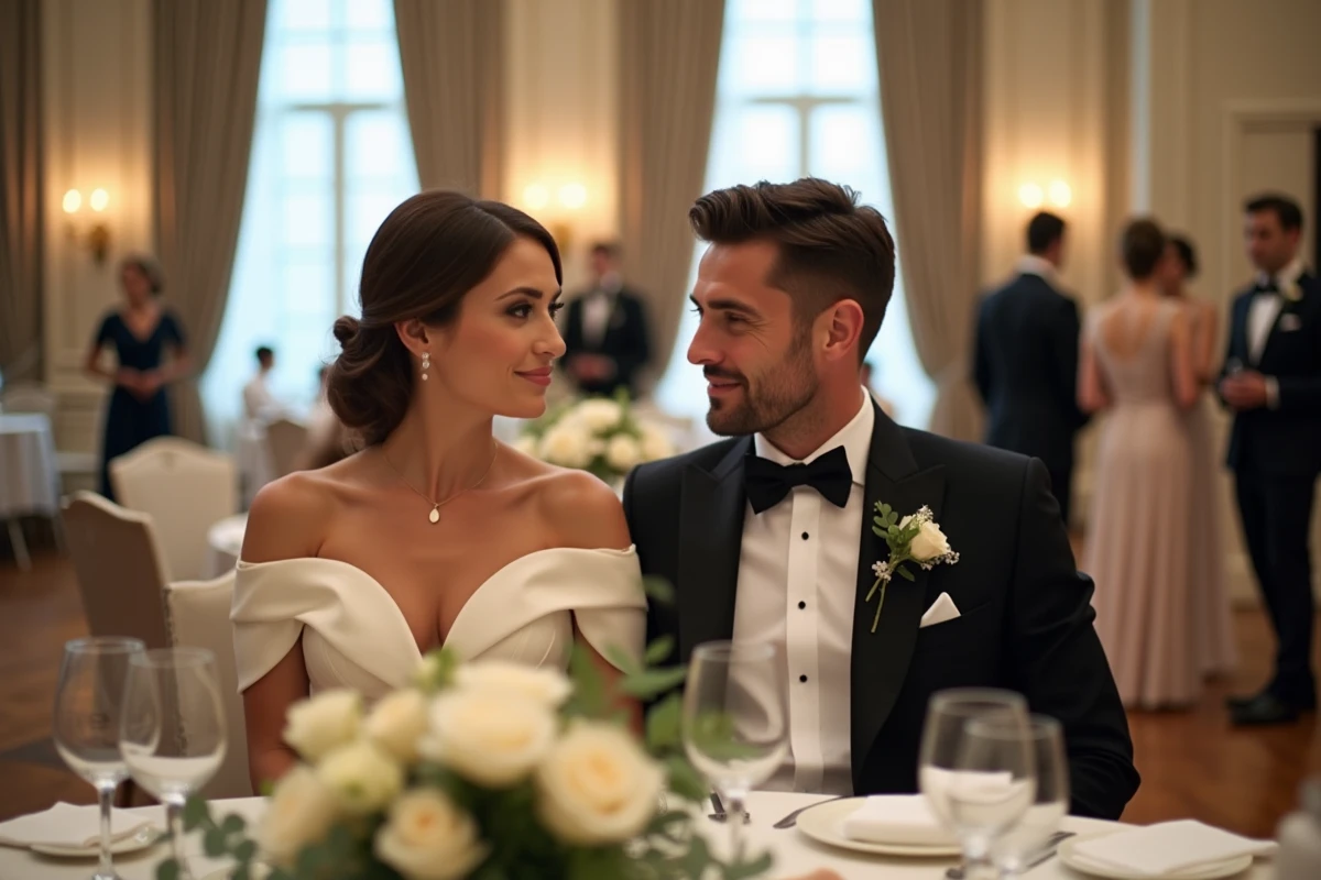 Couple élégant lors d'une réception de mariage dans une salle de banquet historique au Québec