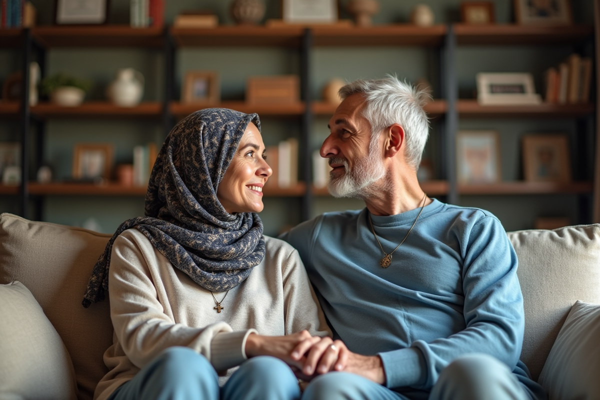 Couple religieux assis sur un sofa dans un salon chaleureux