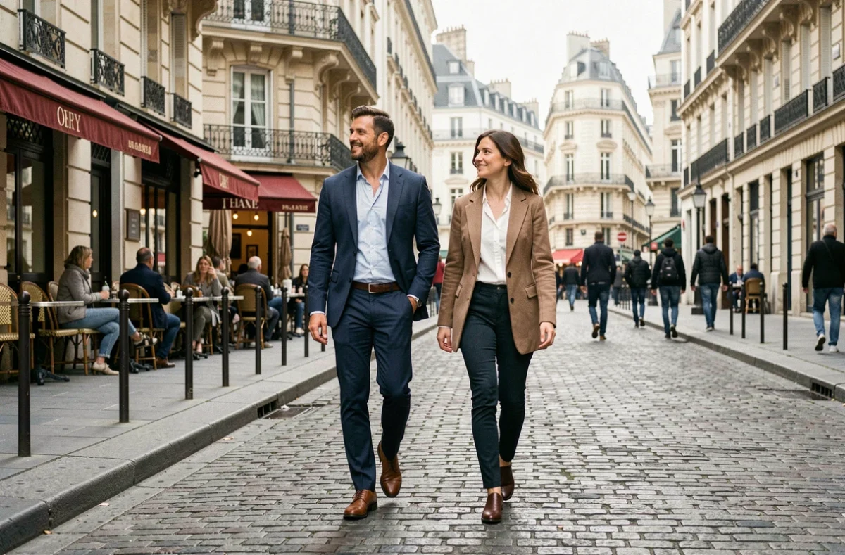 Couple marchant dans une rue parisienne, symbolisant la vie publique et privée des personnalités médiatiques exposées
