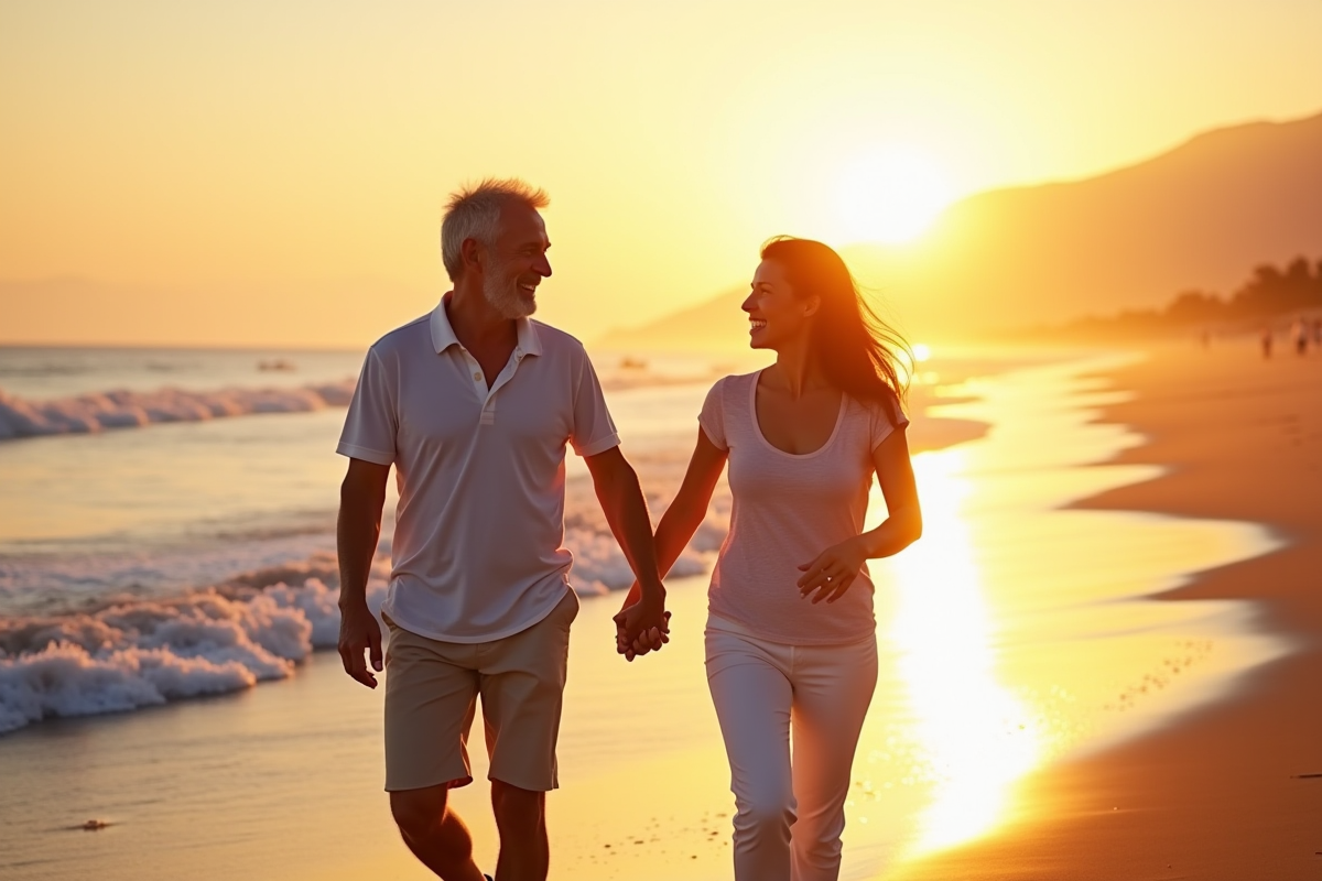 Couple senior heureux marchant sur la plage ensoleillee