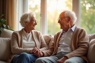 Couple senior souriant dans un salon lumineux