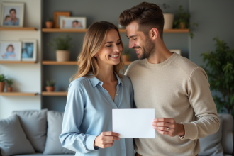 Jeune couple souriant avec annonce de mariage en main