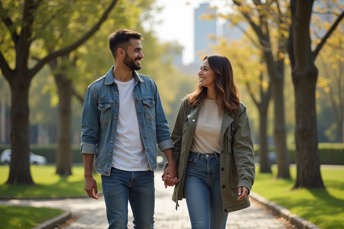 Jeune couple mixte dans un parc urbain en promenade