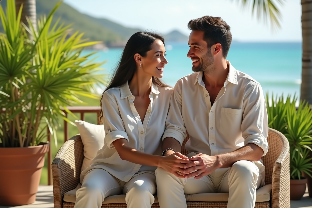 Jeune couple souriant sur un balcon tropical en vacances