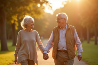 Couple âgé main dans la main dans un parc ensoleille