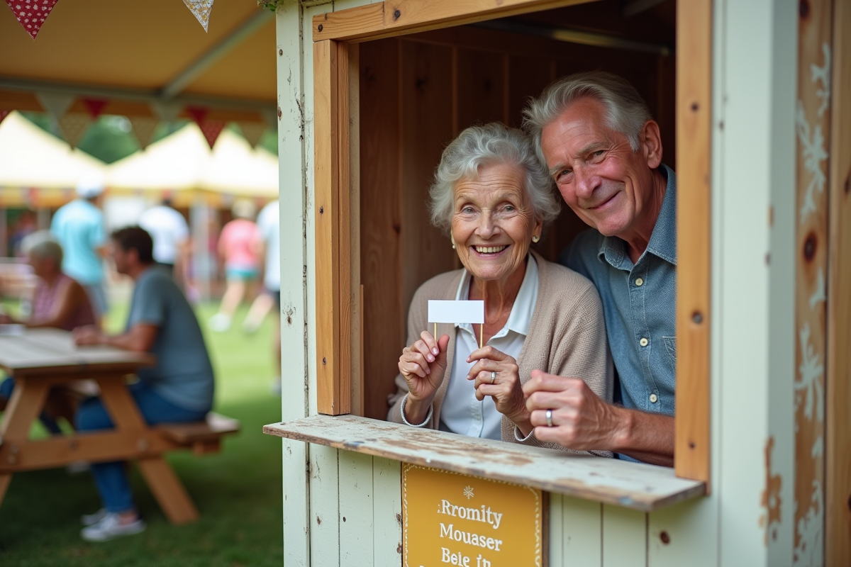 Couple âgé souriant avec accessoires dans un photobooth en plein air