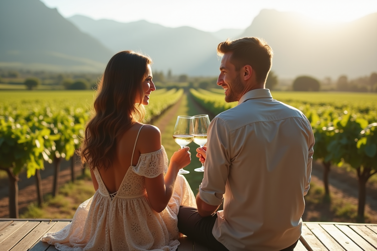 Jeune couple souriant buvant du vin dans vignoble sud-africain