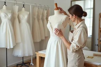Couturière mesurant une robe de mariée sur mesure en satin ivoire dans un atelier de création bridal professionnel