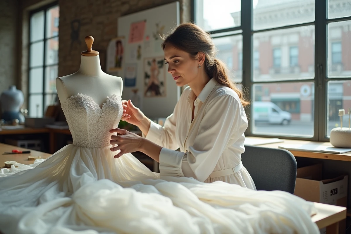 Créatrice de robe de mariée de luxe travaillant sur une robe haute couture dans son atelier lumineux