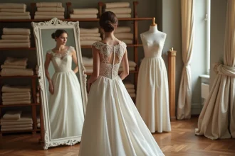 Mariée en robe de luxe en soie ivoire se regardant dans un miroir au sein d'un atelier de haute couture parisien