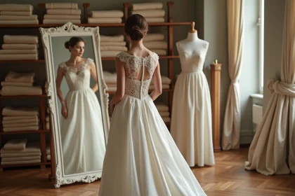 Mariée en robe de luxe en soie ivoire se regardant dans un miroir au sein d'un atelier de haute couture parisien