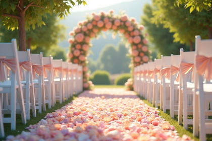 Cérémonie de mariage en extérieur avec chaises et arche florale
