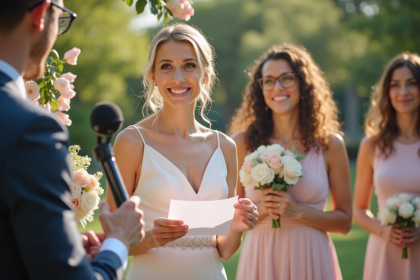 Mariage en plein air avec demoiselle d'honneur lisant un discours