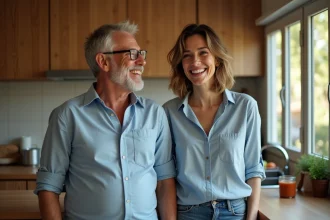 Femme souriante et homme dans une cuisine chaleureuse