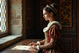Dame Tudor en robe élaborée dans une chambre de château