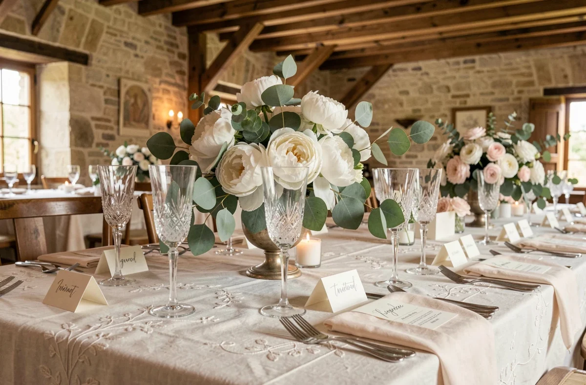 Décoration de table de mariage élégante dans un château champenois proche de Châlons-en-Champagne