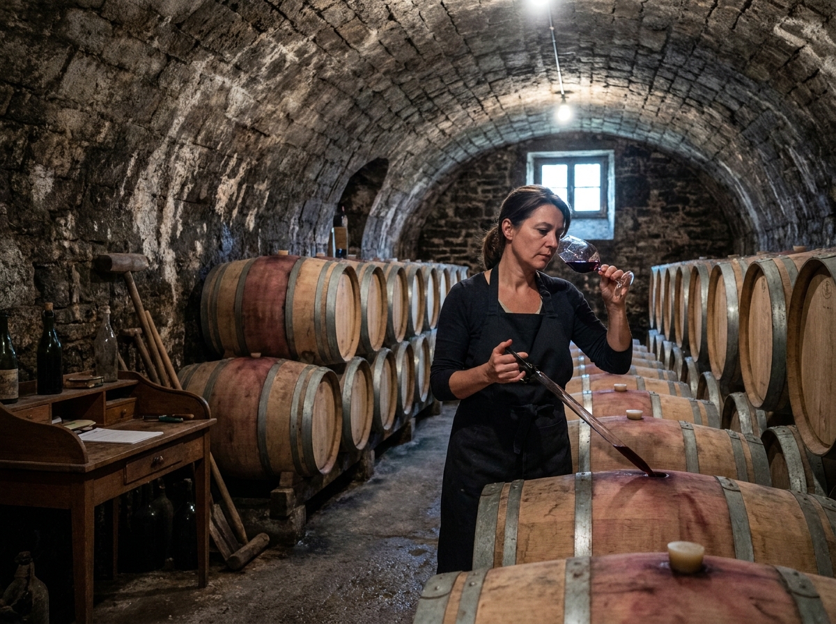 Sommelière réalisant une dégustation en fût dans la cave voûtée en pierre d'un domaine viticole français traditionnel
