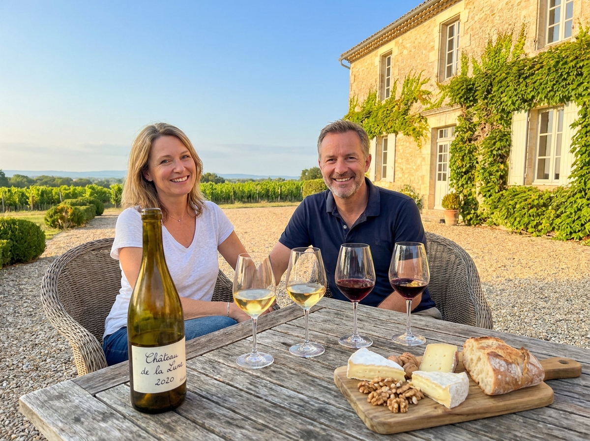 Dégustation de vins en plein air sur la terrasse d'un domaine viticole français avec plateau de fromages et paysage de vignes