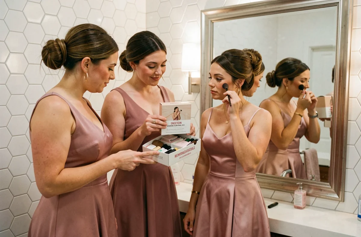 Deux demoiselles d'honneur aidant une mariée à utiliser un kit de survie dans les toilettes d'un lieu de réception