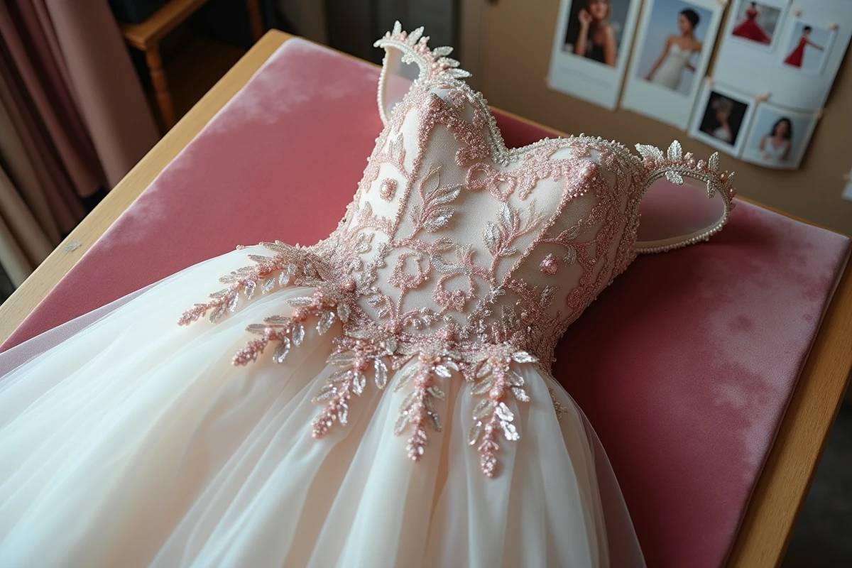 Détail en gros plan d'une robe de mariée princesse à paillettes rose et platine sur une table d'atelier parisien, tendances 2026