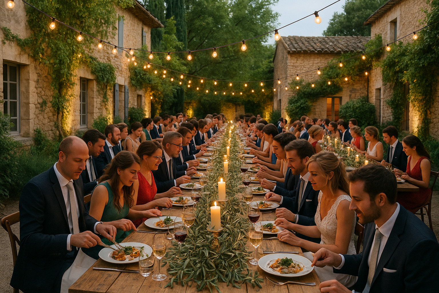 Repas de mariage provençal dans une cour avec tables rustiques et invités