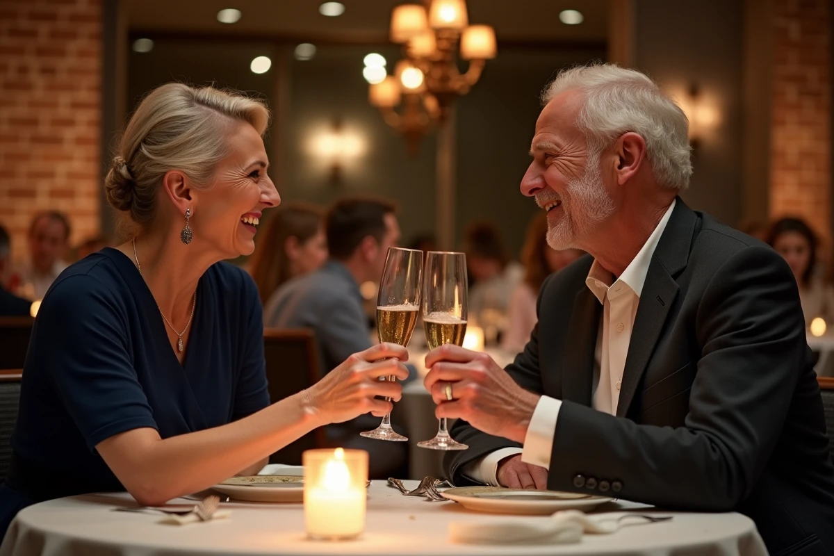 Couple élégant trinquant au champagne dans un restaurant pour célébrer leur anniversaire de mariage