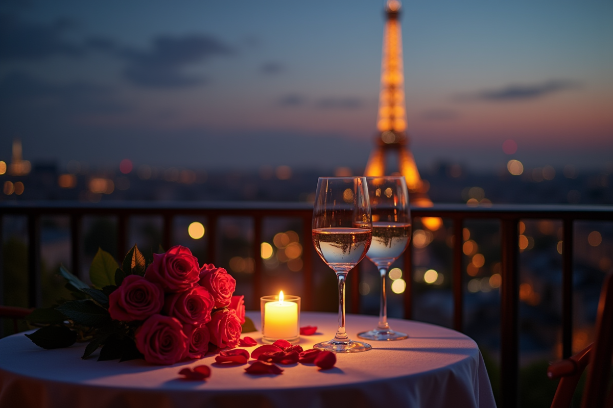 Diner romantique au balcon avec vue sur la tour Eiffel