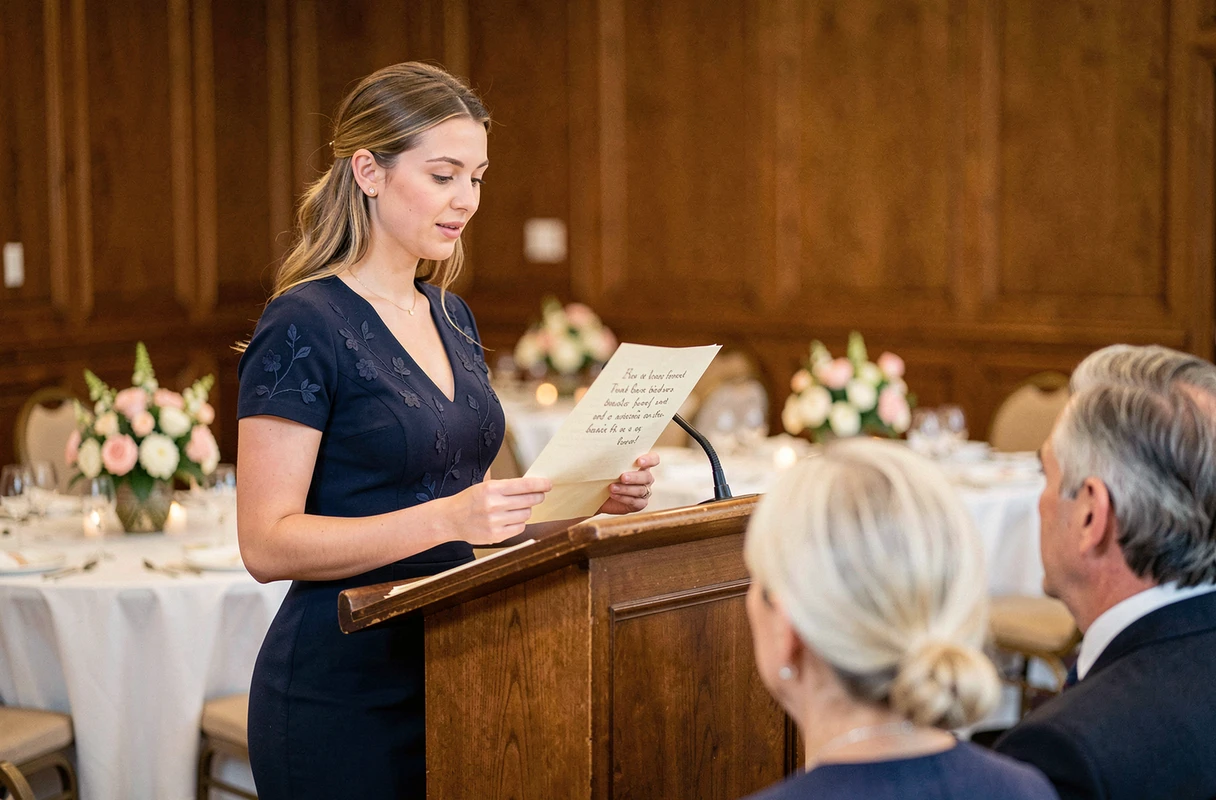Jeune femme prononçant un discours émouvant pour les 50 ans de mariage de ses parents lors d'une réception élégante