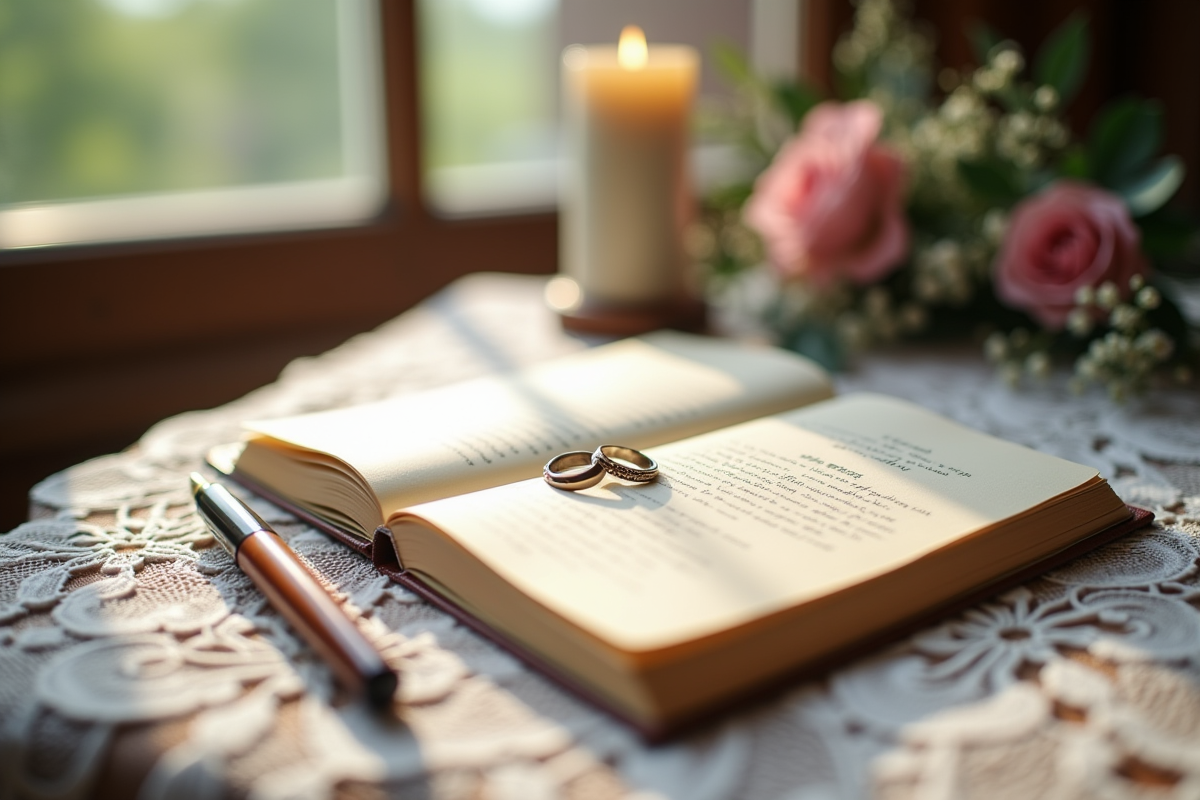 Calepin avec discours de mariage et alliances sur la table