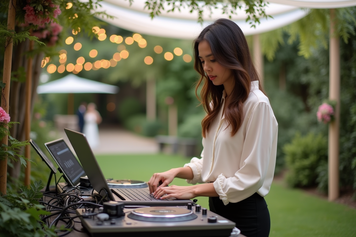 DJ femme en extérieur sélectionnant musique pour mariage