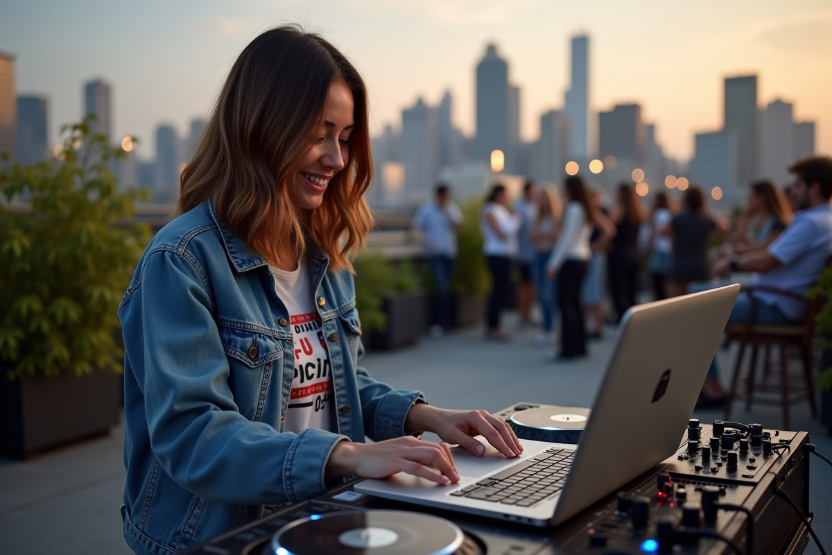 DJ féminine souriante en extérieur sur un rooftop