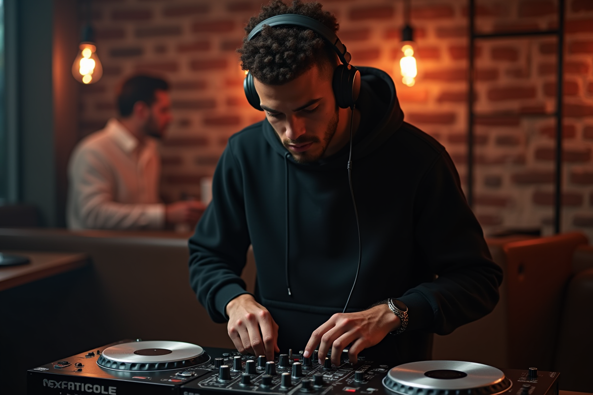 Jeune DJ masculin concentré en mixant en club
