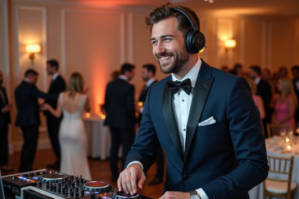 DJ homme en costume souriant lors d'un mariage intérieur