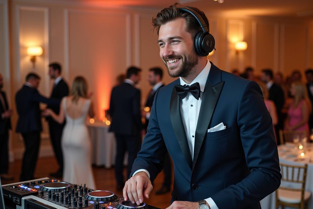 DJ homme en costume souriant lors d'un mariage intérieur