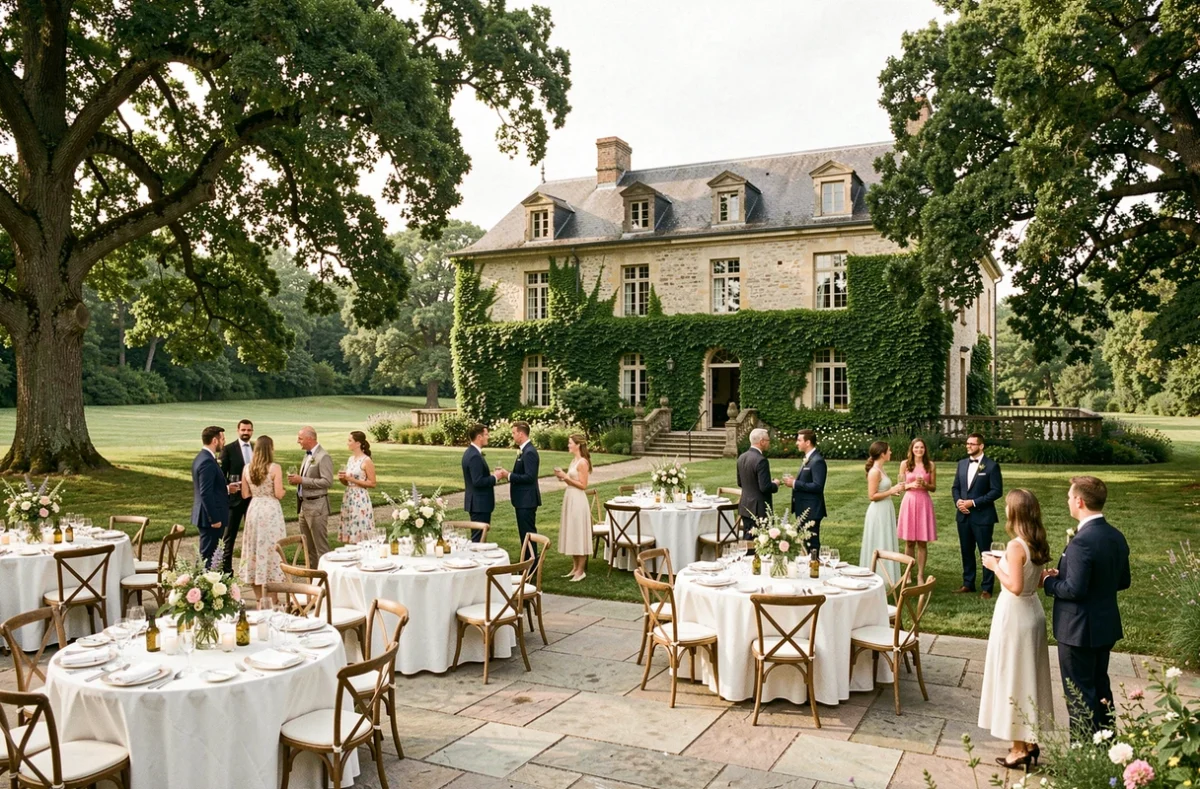 Domaine de la Chanterelle, réception de mariage en terrasse avec décoration florale champêtre et manoir en pierre