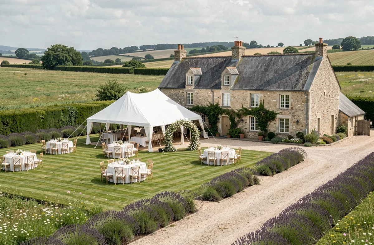 Domaine du Grand Baud dans le Morbihan, grande propriété bretonne avec tente de mariage sur pelouse et décoration florale