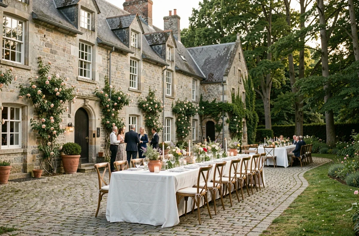 Domaine de Ker Léon dans le Morbihan, cour intérieure en pierre décorée pour une réception de mariage avec tables fleuries