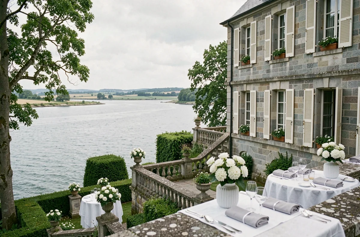 Domaine de Locguénolé et Spa, manoir breton en pierre avec terrasse décorée et vue sur la rivière dans le Morbihan