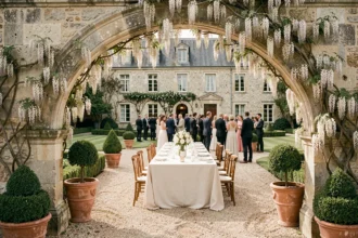 Domaine de mariage dans le Nord de la France avec réception en plein air sous une arche en pierre fleurie