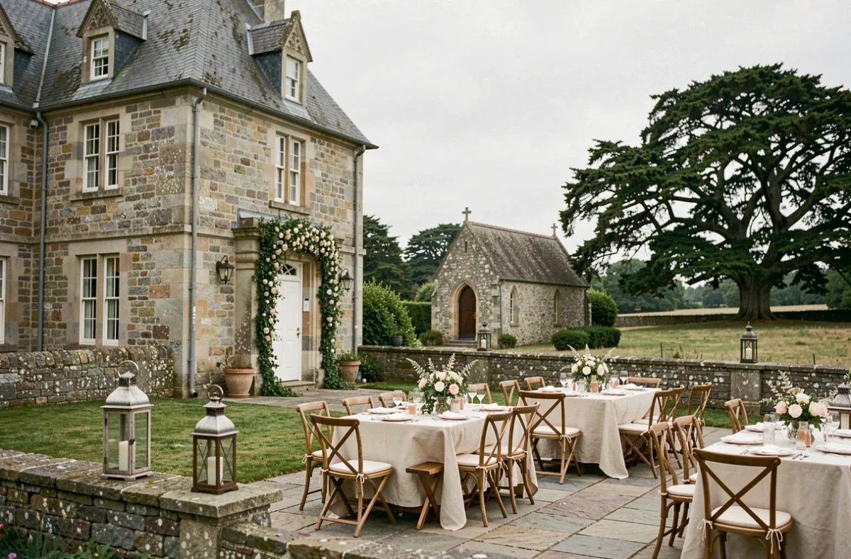 Domaine du Plessis Kaer dans le Morbihan, manoir breton avec terrasse pavée et décoration de mariage champêtre