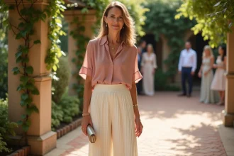 Femme invitée de mariage portant un ensemble pantalon palazzo ivoire et blouse en mousseline rose poudré dans un jardin élégant