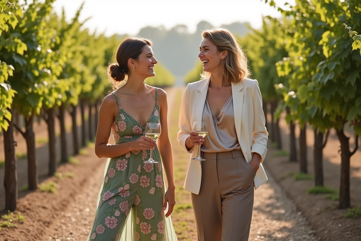 Deux femmes invitées à un mariage en vignoble portant des ensembles pantalon chic, riant ensemble dans une allée de vignes
