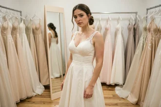Mariée essayant une robe blanche devant un miroir en boutique, évaluant l'ajustement et le style avant le jour J