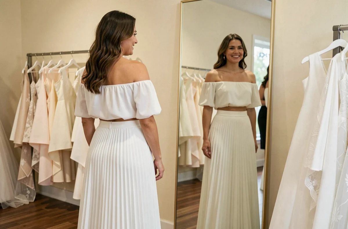 Essayage de robe de mariée deux pièces en boutique, reflet dans un miroir