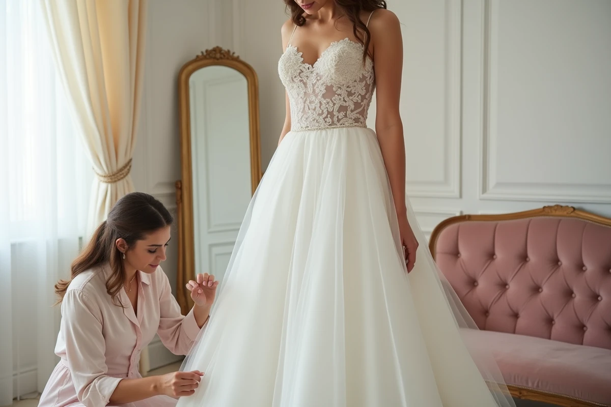 Essayage d'une robe de mariée sur mesure en boutique avec une couturière ajustant l'ourlet à la main