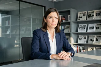 Femme cadre assise dans un bureau de presse moderne, illustrant l'exposition médiatique des personnalités publiques et de leurs proches