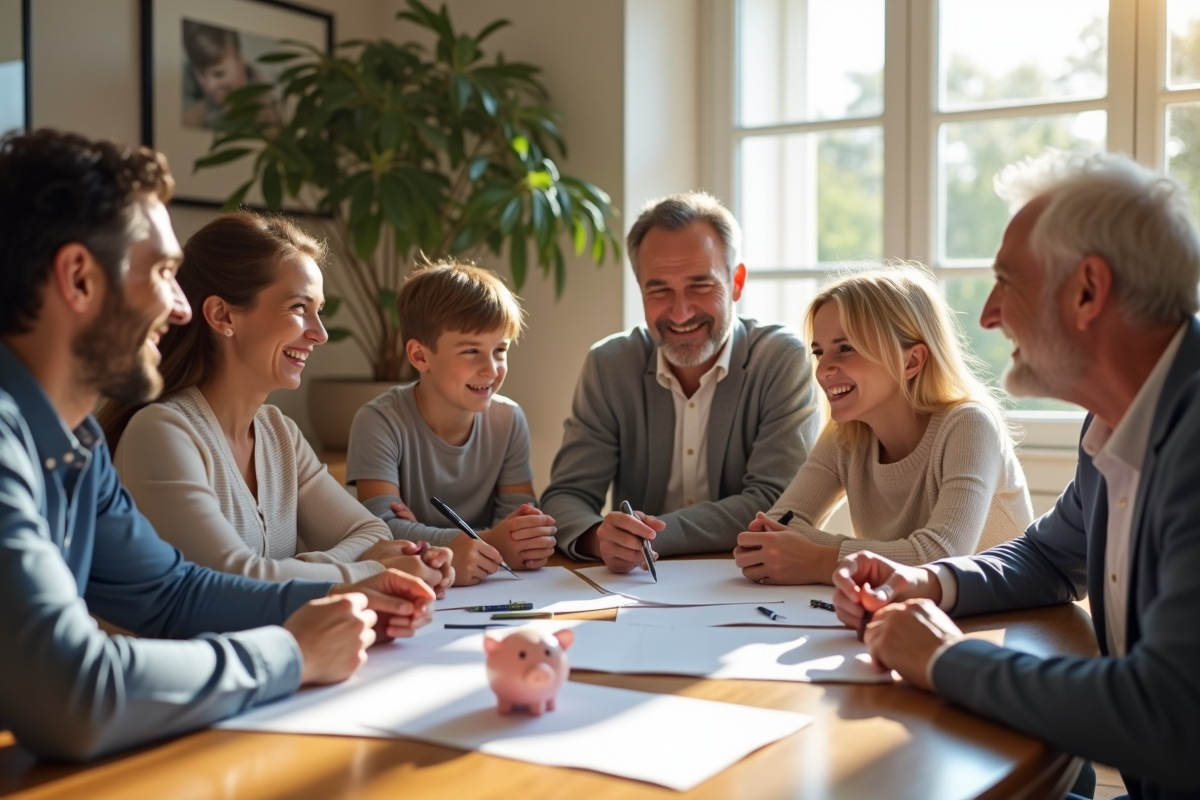Famille française réunie dans un salon lumineux et souriante